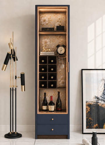 Wooden home bar cabinet with full-height glass display and wine storage — Bruinhout