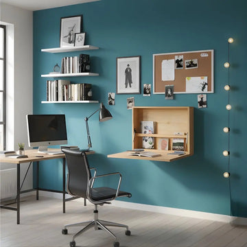 Foldable wall-mounted wooden workstation in a compact Indian home — Bruinhout