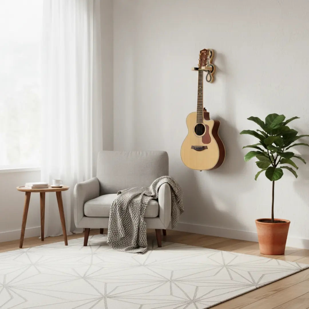 Treble Clef Shaped Wooden Guitar Wall Stand | Natural Pine Wood Finish | Guitar Wall Mount India